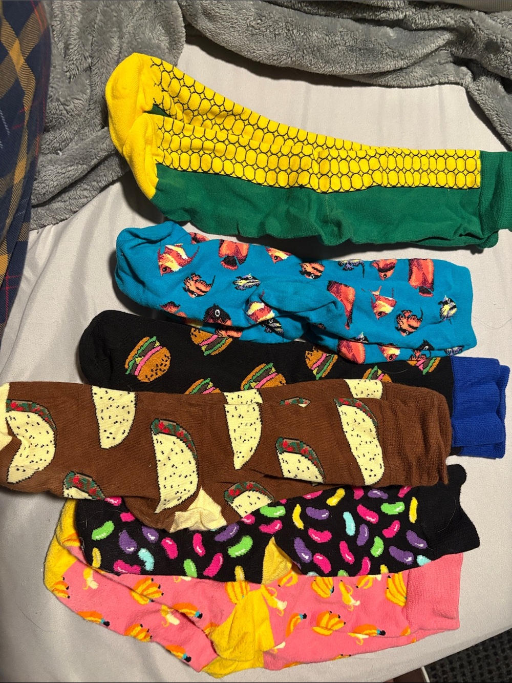 Fun Novelty Food Socks - Corn, Fish, Burger, Taco, Jellybean & Flamingo Prints